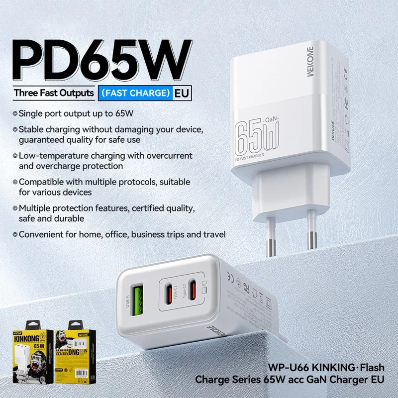 WEKOME WP-U66 PD 65W GaN Charger USB-A + Dual Type-C Ports Fast Charging Adapter - EU Plug