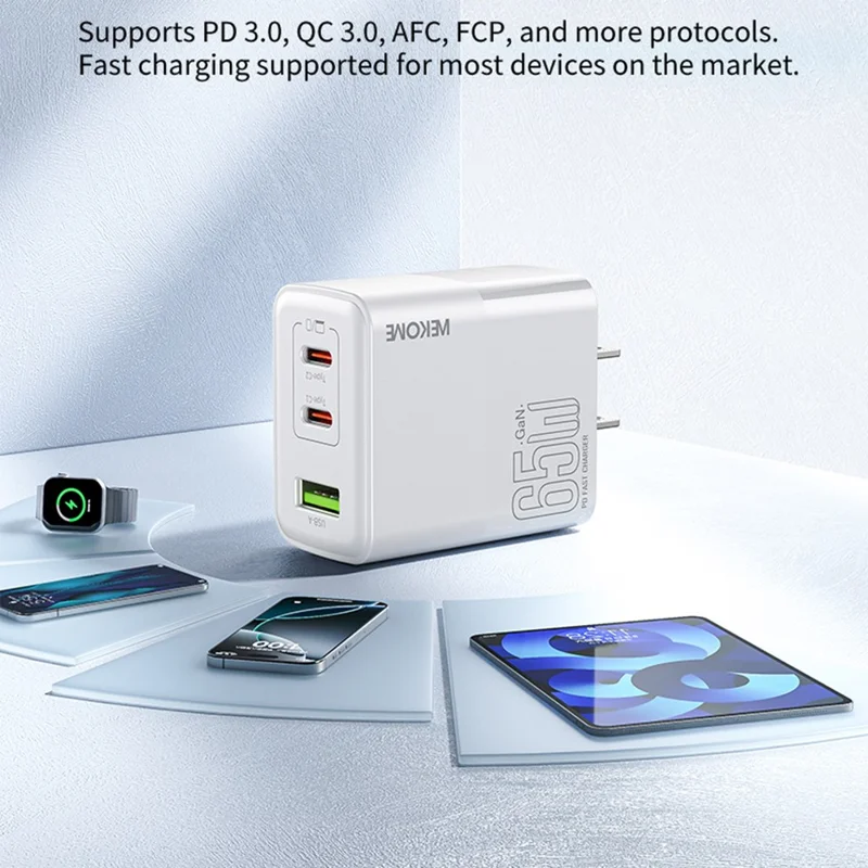 WEKOME WP-U66 PD 65W GaN Charger USB-A + Dual Type-C Ports Fast Charging Adapter - EU Plug