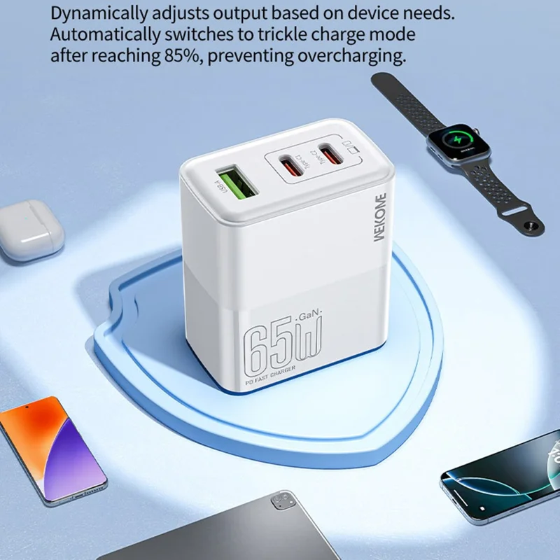 WEKOME WP-U66 PD 65W GaN Charger USB-A + Dual Type-C Ports Fast Charging Adapter - EU Plug