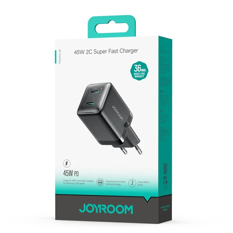 JOYROOM JR-TCG17 Cargador rápido GaN de 45W con doble puerto Tipo C para smartphones y tabletas - Enchufe europeo
