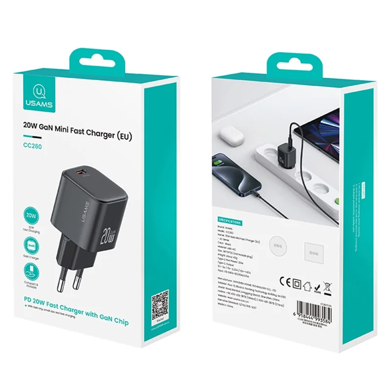 Carregador Rápido USAMS CC260 20W GaN Mini Adaptador de Energia Tipo-C para Carregamento Rápido - Plug Europeu