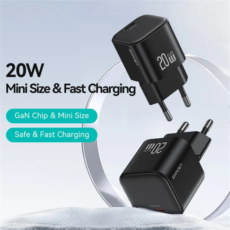Carregador Rápido USAMS CC260 20W GaN Mini Adaptador de Energia Tipo-C para Carregamento Rápido - Plug Europeu