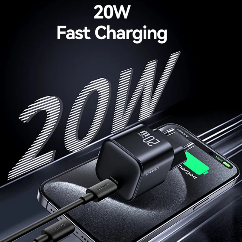Carregador Rápido USAMS CC260 20W GaN Mini Adaptador de Energia Tipo-C para Carregamento Rápido - Plug Europeu