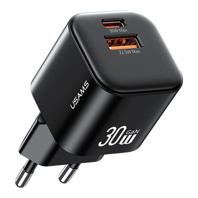USAMS CC263 30W GaN Charger Dual Port USB-C + USB-A Fast Charging Mini Adapter for Travel / Home Use