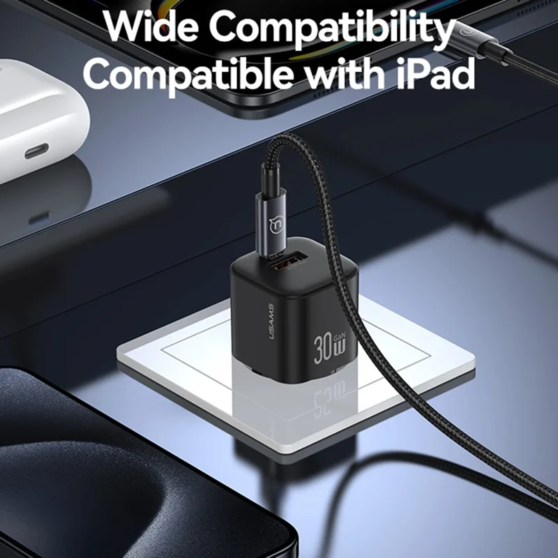 USAMS CC263 30W GaN Charger Dual Port USB-C + USB-A Fast Charging Mini Adapter for Travel / Home Use