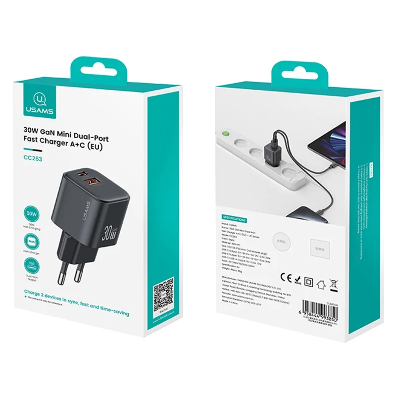 USAMS CC263 30W GaN Charger Dual Port USB-C + USB-A Fast Charging Mini Adapter for Travel / Home Use