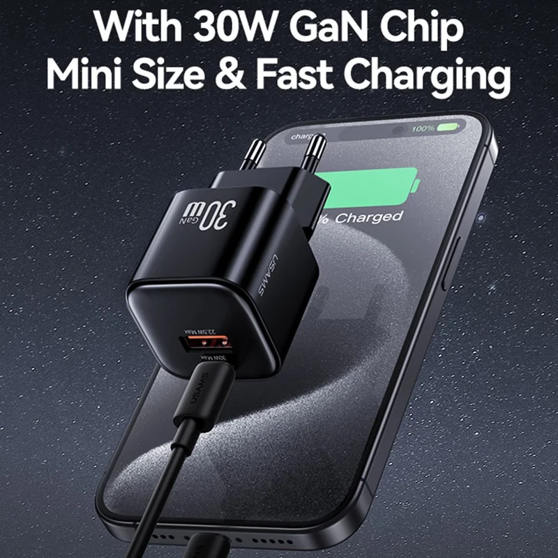 USAMS CC263 30W GaN Charger Dual Port USB-C + USB-A Fast Charging Mini Adapter for Travel / Home Use