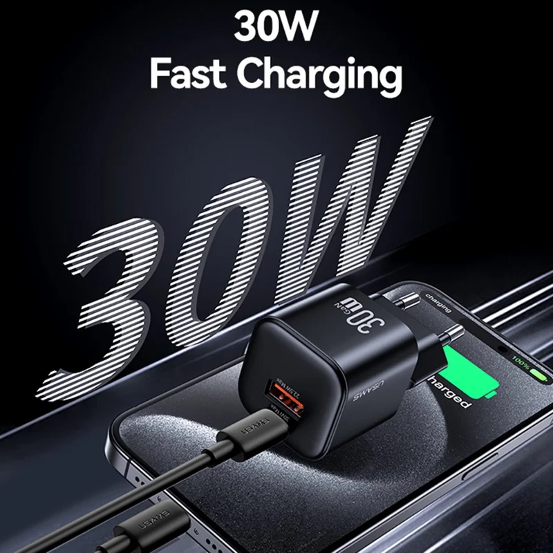 USAMS CC263 30W GaN Charger Dual Port USB-C + USB-A Fast Charging Mini Adapter for Travel / Home Use