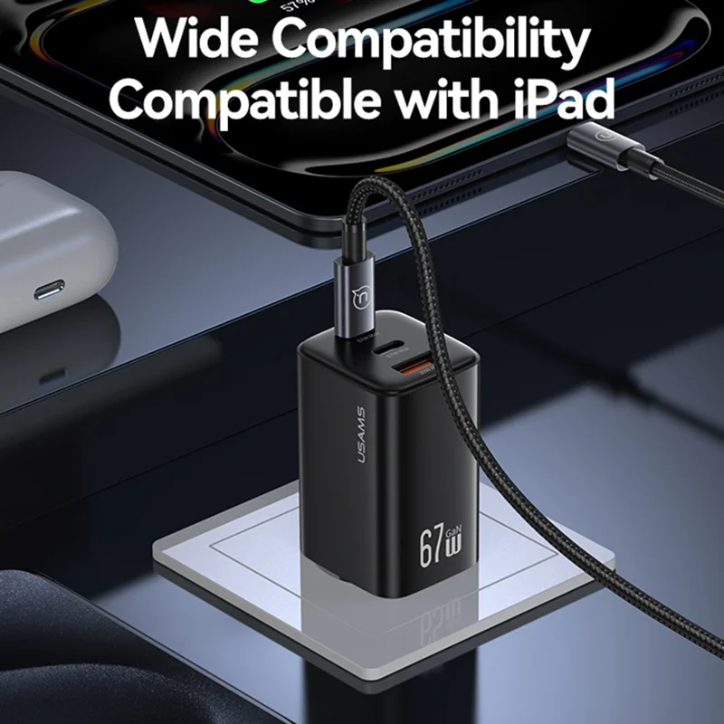 USAMS CC265 67Вт GaN-зарядное устройство с быстрой зарядкой, 3 USB-порта, сетевой адаптер - евровилка