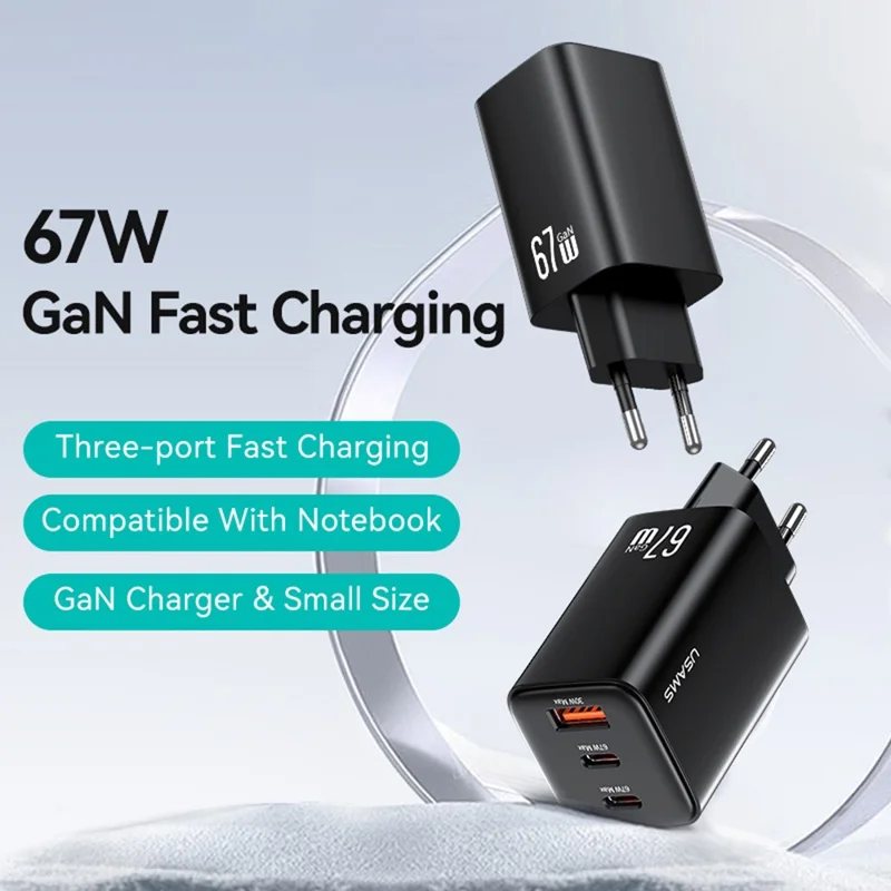 USAMS CC265 67Вт GaN-зарядное устройство с быстрой зарядкой, 3 USB-порта, сетевой адаптер - евровилка