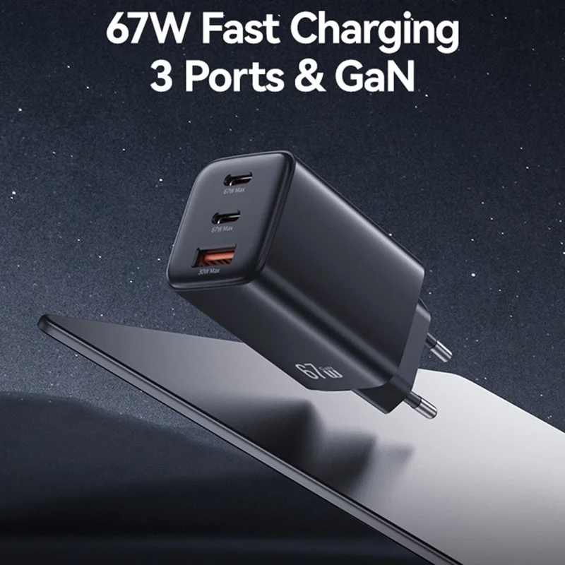 USAMS CC265 67Вт GaN-зарядное устройство с быстрой зарядкой, 3 USB-порта, сетевой адаптер - евровилка