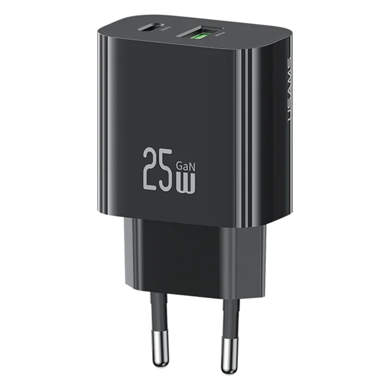 USAMS CC315 T65 25W Schnellladegerät für iPhone 8 - 16 Serie, Dual-Port USB-A + USB-C GaN Adapter - EU-Stecker / Schwarz