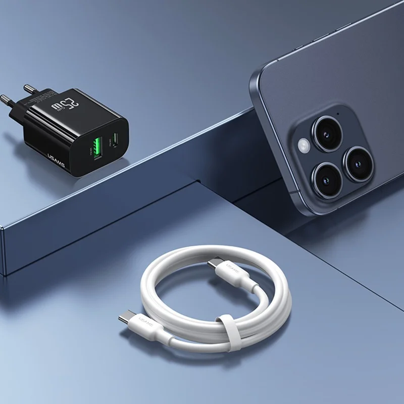 USAMS CC315 T65 25W Schnellladegerät für iPhone 8 - 16 Serie, Dual-Port USB-A + USB-C GaN Adapter - EU-Stecker / Schwarz