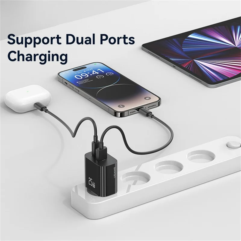 USAMS CC315 T65 25W Schnellladegerät für iPhone 8 - 16 Serie, Dual-Port USB-A + USB-C GaN Adapter - EU-Stecker / Schwarz
