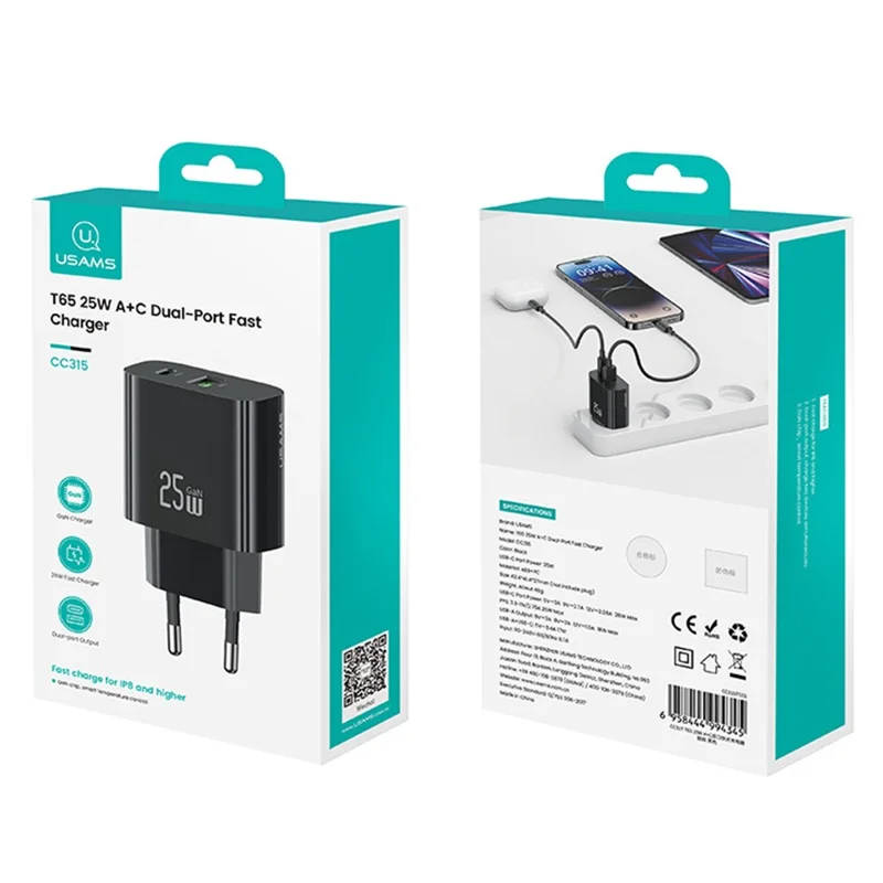 USAMS CC315 T65 25W Schnellladegerät für iPhone 8 - 16 Serie, Dual-Port USB-A + USB-C GaN Adapter - EU-Stecker / Schwarz