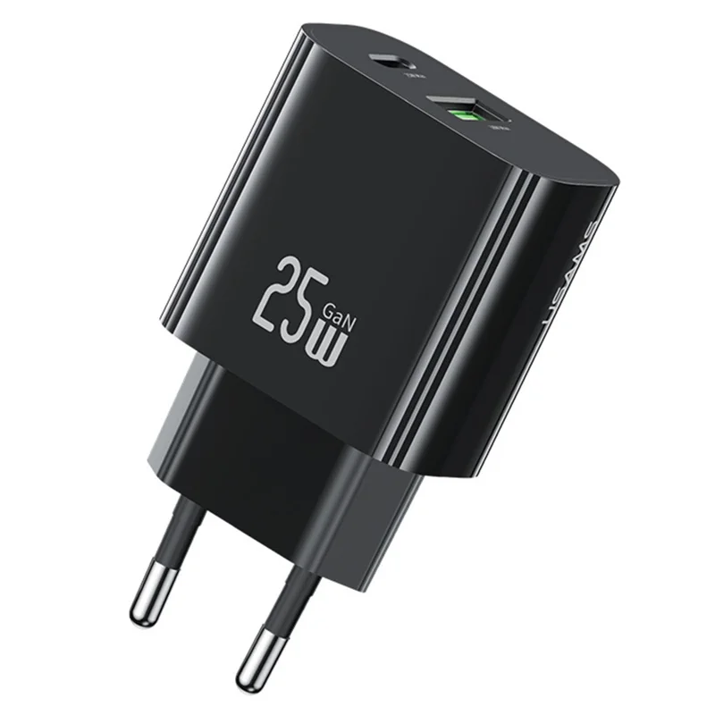 USAMS CC315 T65 25W Schnellladegerät für iPhone 8 - 16 Serie, Dual-Port USB-A + USB-C GaN Adapter - EU-Stecker / Schwarz