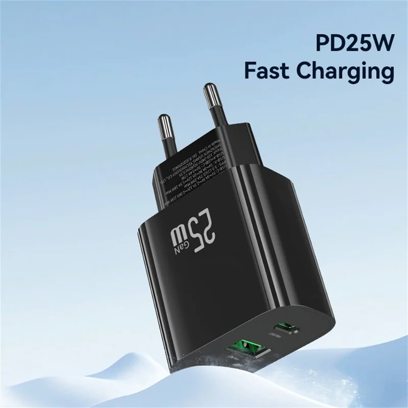 USAMS CC315 T65 25W Schnellladegerät für iPhone 8 - 16 Serie, Dual-Port USB-A + USB-C GaN Adapter - EU-Stecker / Schwarz