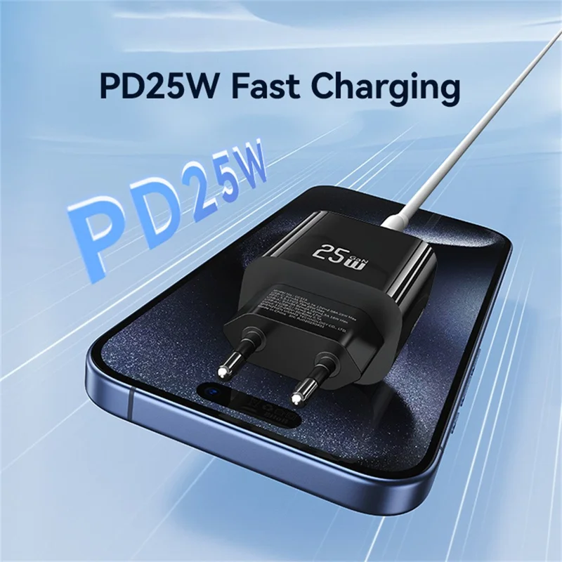 USAMS CC315 T65 25W Schnellladegerät für iPhone 8 - 16 Serie, Dual-Port USB-A + USB-C GaN Adapter - EU-Stecker / Schwarz
