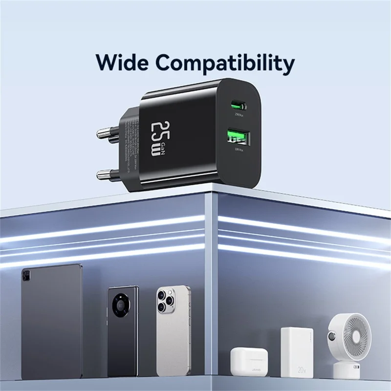 USAMS CC315 T65 25W Schnellladegerät für iPhone 8 - 16 Serie, Dual-Port USB-A + USB-C GaN Adapter - EU-Stecker / Schwarz