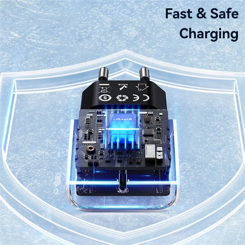 USAMS CC315 T65 25W Schnellladegerät für iPhone 8 - 16 Serie, Dual-Port USB-A + USB-C GaN Adapter - EU-Stecker / Schwarz