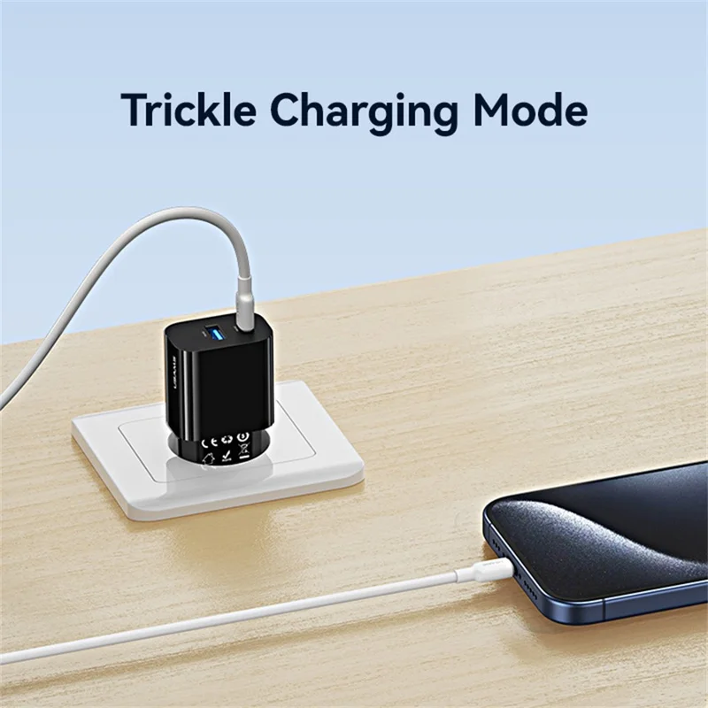 USAMS CC315 T65 25W Schnellladegerät für iPhone 8 - 16 Serie, Dual-Port USB-A + USB-C GaN Adapter - EU-Stecker / Schwarz
