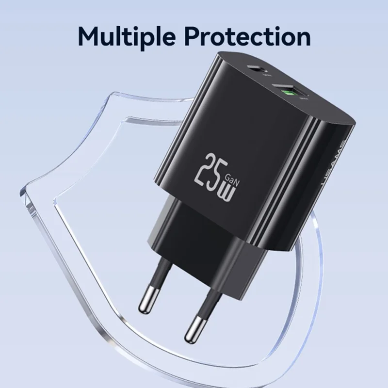 USAMS CC315 T65 25W Schnellladegerät für iPhone 8 - 16 Serie, Dual-Port USB-A + USB-C GaN Adapter - EU-Stecker / Schwarz