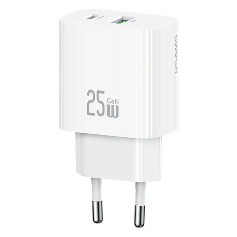 USAMS CC315 T65 25W Fast Charger for iPhone 8 - 16 Series, Dual Port USB-A + USB-C GaN Adapter - EU Plug / White