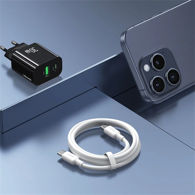 Carregador Rápido USAMS CC316 T65 30W para iPhone 8 - Série 16, Adaptador de Energia Duplo USB-A + USB-C - Plugue UE / Preto