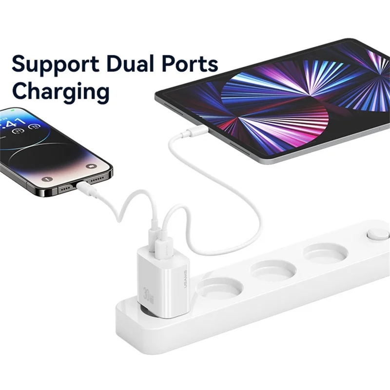 Carregador Rápido USAMS CC316 T65 30W para iPhone 8 - Série 16, Adaptador de Energia Duplo USB-A + USB-C - Plugue UE / Preto