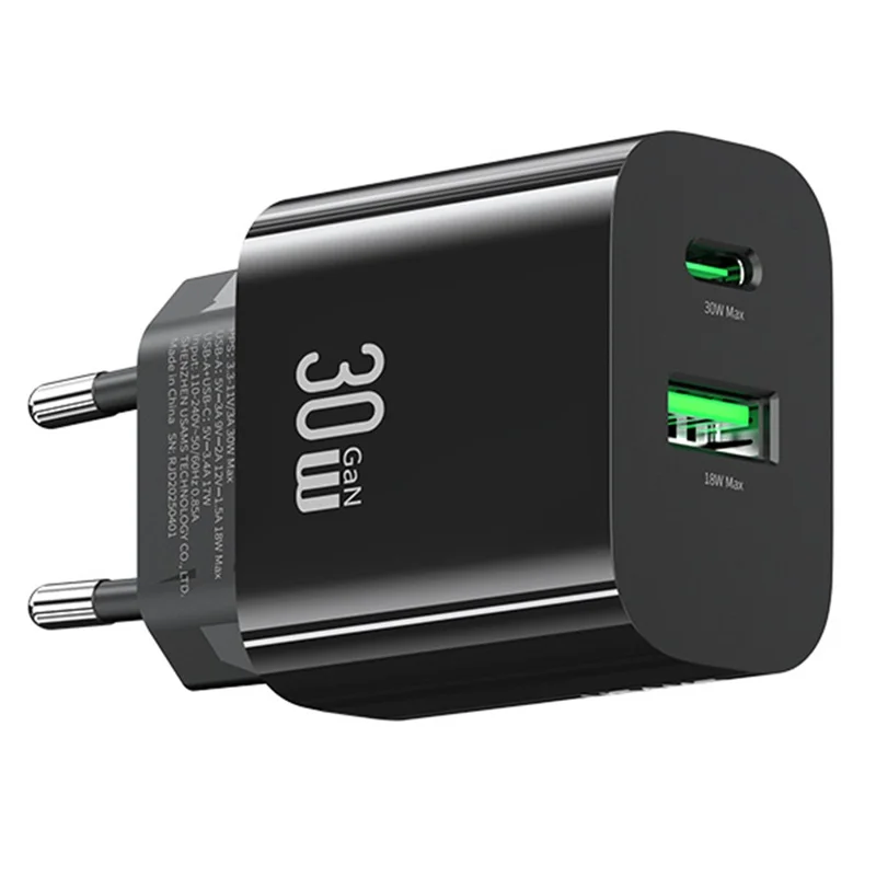 Carregador Rápido USAMS CC316 T65 30W para iPhone 8 - Série 16, Adaptador de Energia Duplo USB-A + USB-C - Plugue UE / Preto
