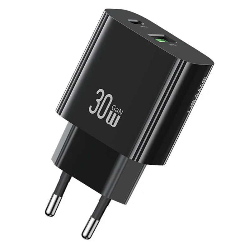 Carregador Rápido USAMS CC316 T65 30W para iPhone 8 - Série 16, Adaptador de Energia Duplo USB-A + USB-C - Plugue UE / Preto
