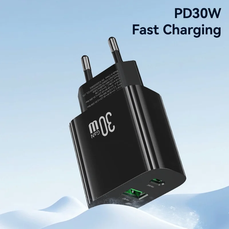 Carregador Rápido USAMS CC316 T65 30W para iPhone 8 - Série 16, Adaptador de Energia Duplo USB-A + USB-C - Plugue UE / Preto