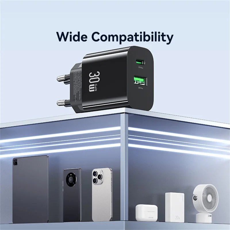 Carregador Rápido USAMS CC316 T65 30W para iPhone 8 - Série 16, Adaptador de Energia Duplo USB-A + USB-C - Plugue UE / Preto