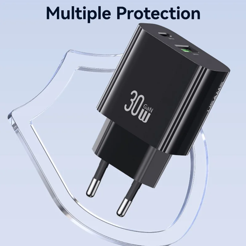 Carregador Rápido USAMS CC316 T65 30W para iPhone 8 - Série 16, Adaptador de Energia Duplo USB-A + USB-C - Plugue UE / Preto