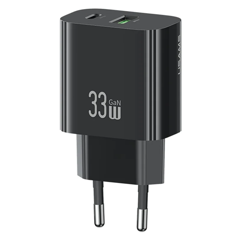 USAMS CC317 T65 33W Schnellladegerät für iPhone 8-16 Serie Dual-Ports USB-A + USB-C GaN Netzteil - EU-Stecker / Schwarz
