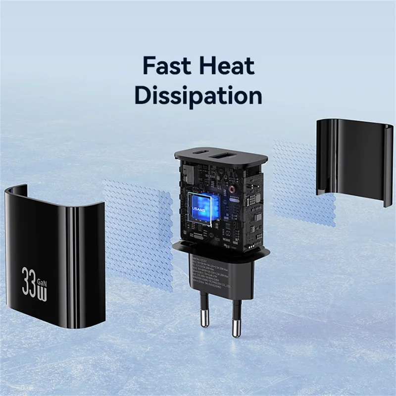 USAMS CC317 T65 33W Schnellladegerät für iPhone 8-16 Serie Dual-Ports USB-A + USB-C GaN Netzteil - EU-Stecker / Schwarz