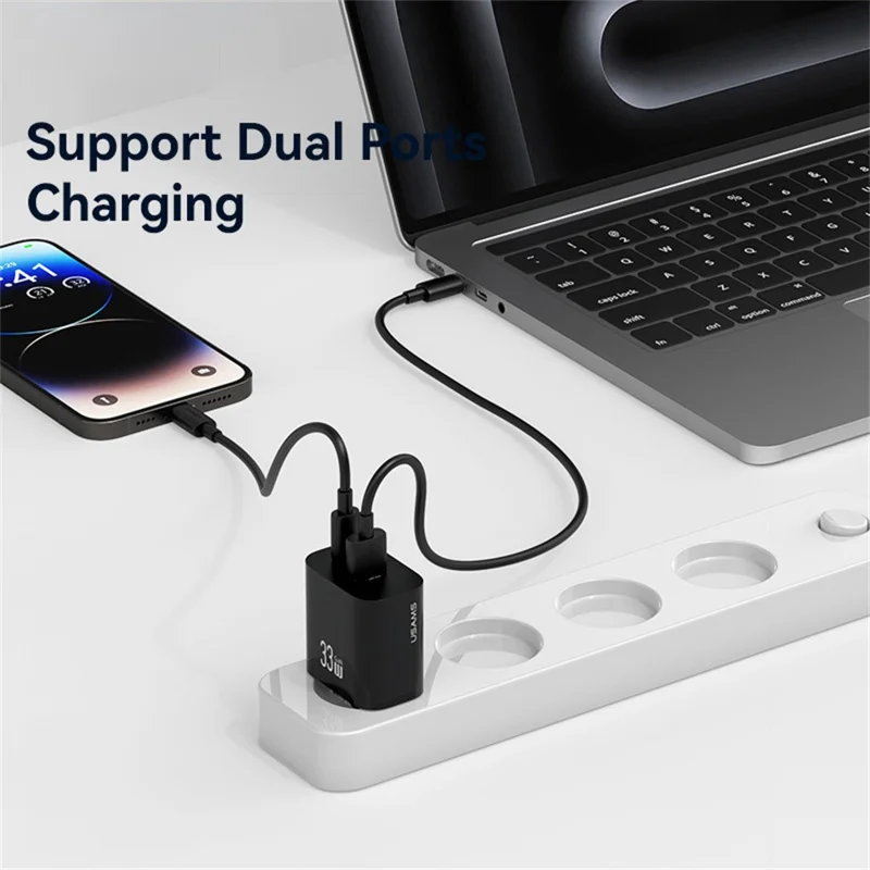 USAMS CC317 T65 33W Schnellladegerät für iPhone 8-16 Serie Dual-Ports USB-A + USB-C GaN Netzteil - EU-Stecker / Schwarz