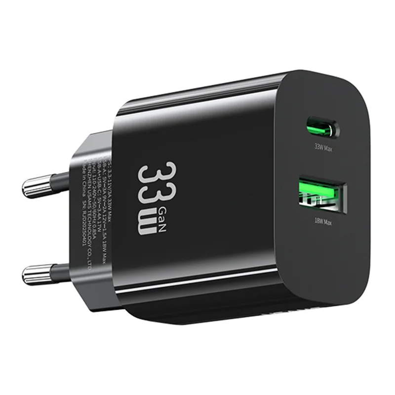 USAMS CC317 T65 33W Schnellladegerät für iPhone 8-16 Serie Dual-Ports USB-A + USB-C GaN Netzteil - EU-Stecker / Schwarz