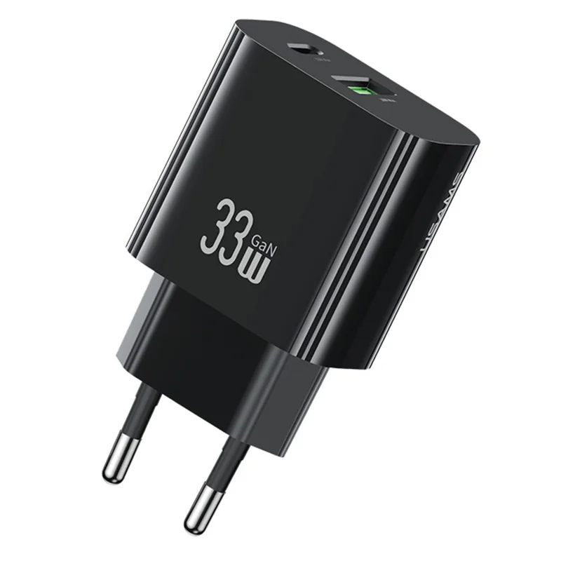 USAMS CC317 T65 33W Schnellladegerät für iPhone 8-16 Serie Dual-Ports USB-A + USB-C GaN Netzteil - EU-Stecker / Schwarz