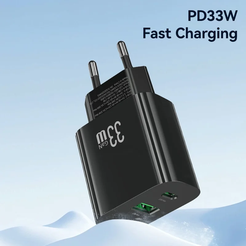 USAMS CC317 T65 33W Schnellladegerät für iPhone 8-16 Serie Dual-Ports USB-A + USB-C GaN Netzteil - EU-Stecker / Schwarz