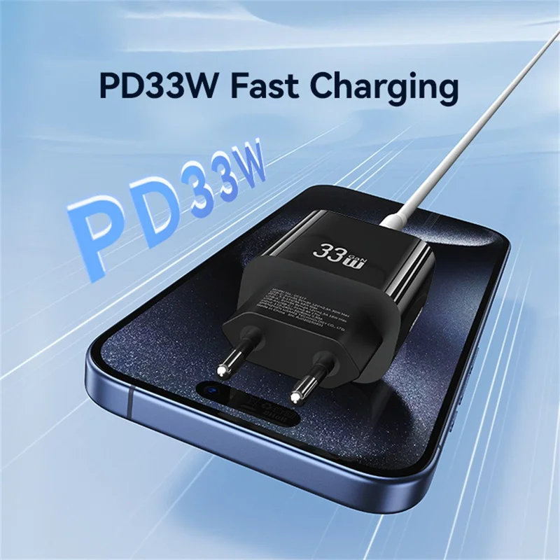 USAMS CC317 T65 33W Schnellladegerät für iPhone 8-16 Serie Dual-Ports USB-A + USB-C GaN Netzteil - EU-Stecker / Schwarz