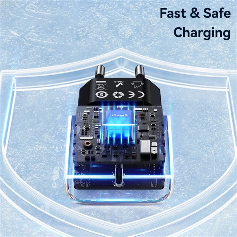 USAMS CC317 T65 33W Schnellladegerät für iPhone 8-16 Serie Dual-Ports USB-A + USB-C GaN Netzteil - EU-Stecker / Schwarz