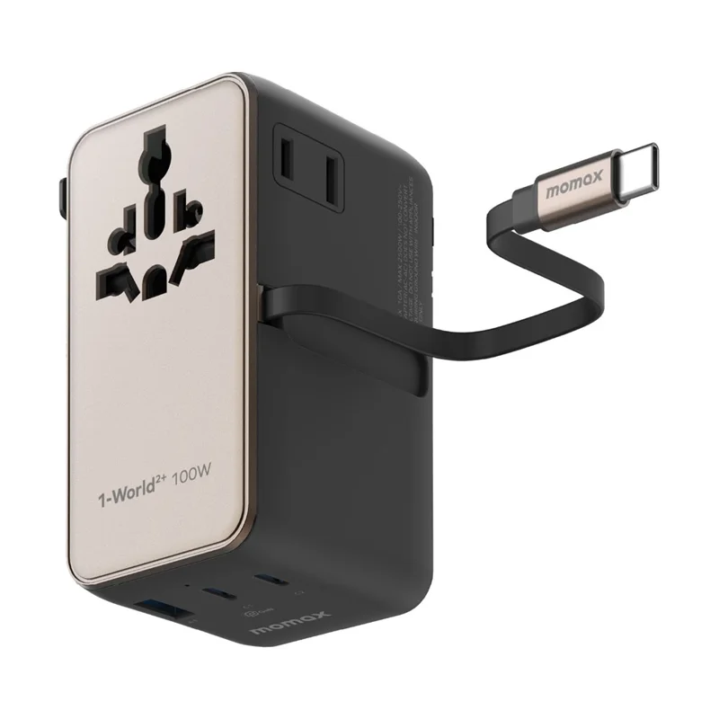 MOMAX 1-World 2 GaN Globaler Reiseadapter 100W Internationales Wandladegerät mit integriertem Kabel - Titaniumgold