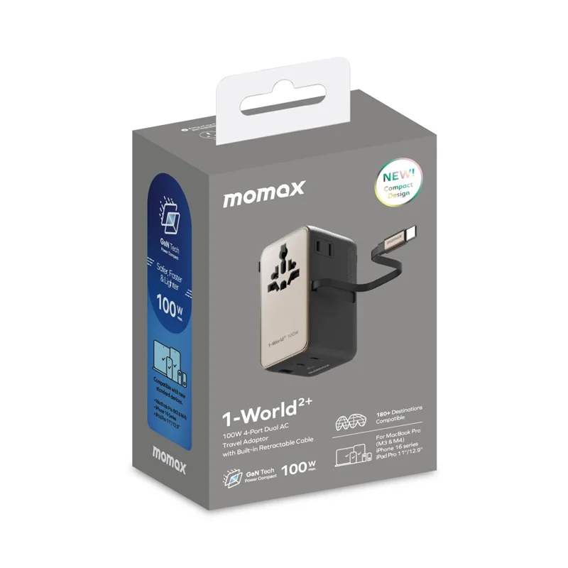 MOMAX 1-World 2 GaN Globaler Reiseadapter 100W Internationales Wandladegerät mit integriertem Kabel - Titaniumgold