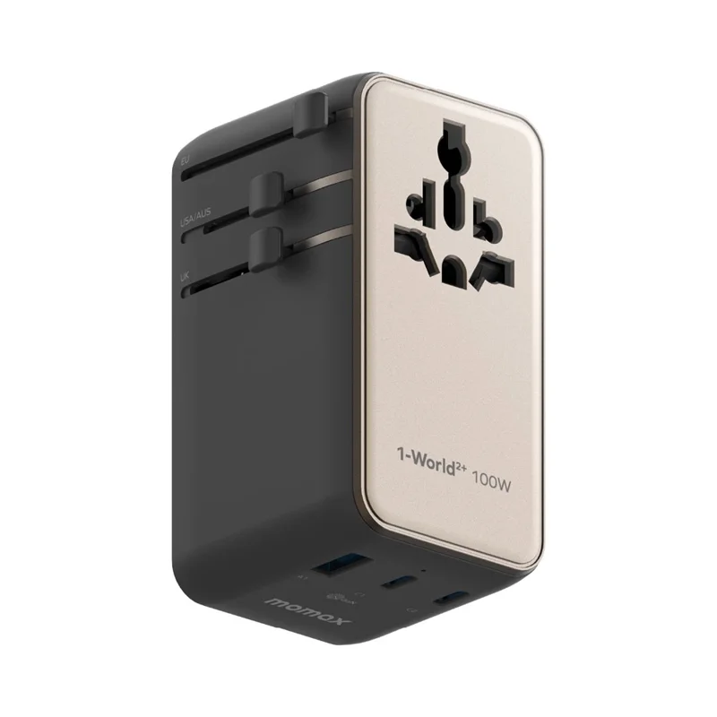 MOMAX 1-World 2 GaN Globaler Reiseadapter 100W Internationales Wandladegerät mit integriertem Kabel - Titaniumgold