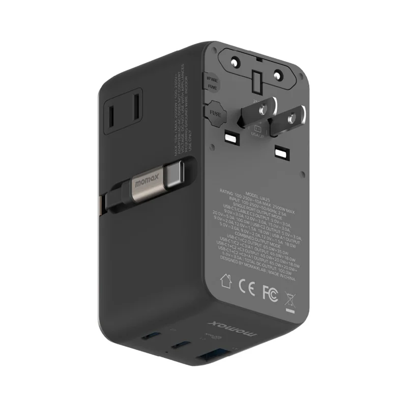 MOMAX 1-World 2 GaN Globaler Reiseadapter 100W Internationales Wandladegerät mit integriertem Kabel - Titaniumgold