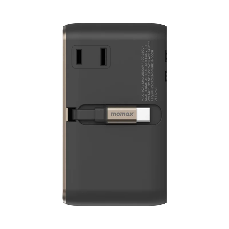 MOMAX 1-World 2 GaN Globaler Reiseadapter 100W Internationales Wandladegerät mit integriertem Kabel - Titaniumgold