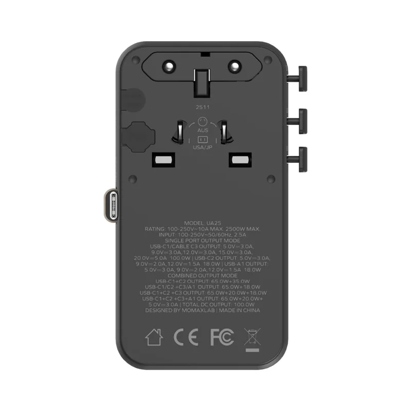 MOMAX 1-World 2 GaN Globaler Reiseadapter 100W Internationales Wandladegerät mit integriertem Kabel - Titaniumgold