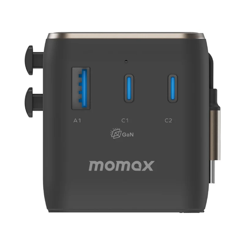 MOMAX 1-World 2 GaN Globaler Reiseadapter 100W Internationales Wandladegerät mit integriertem Kabel - Titaniumgold