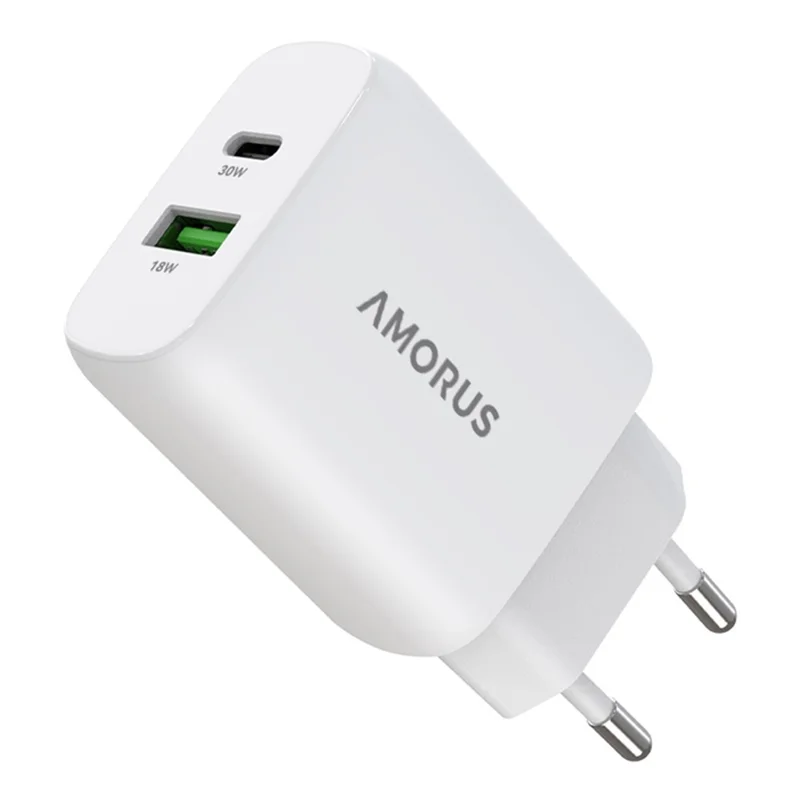 AMORUS PD 30W GAN Adaptador de Carga Rápida USB-A Tipo C de Doble Puerto para Teléfono y Tablet - Enchufe EU